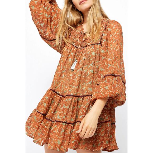 Free People Swinging Peasant Dress Womens XS Mustard Metallic Smocked Tassels - Picture 4 of 12